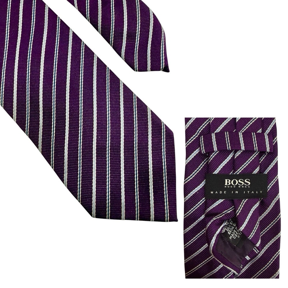 Boss Hugo Boss Mens Striped Necktie - Made in Italy - Purple White Silk Blend
